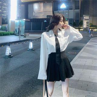 Printed Long-sleeve Shirt / High Waist Pleated Skirt