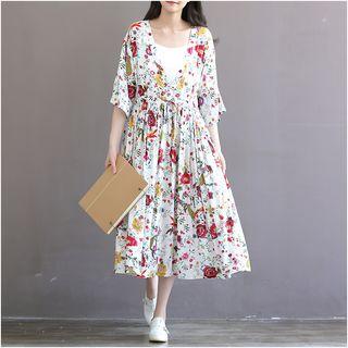 Set: Elbow-sleeve Floral Pleated Midi Dress + Camisole Top