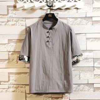 Elbow-sleeve Mandarin Collar Embroidered Top