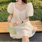Puff-sleeve Faux Pearl Trim A-line Dress White - One Size