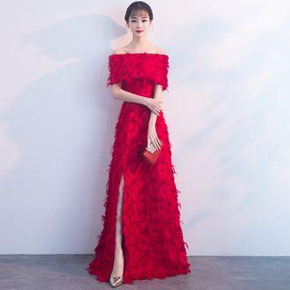 Short-sleeve Off Shoulder Feathered A-line Evening Gown