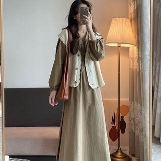 Set: Long-sleeve Button-up Midi A-line Dress + Button-up Vest