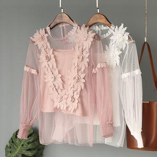 Set: Crochet Lace Applique Mesh Blouse + Camisole