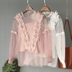 Set: Crochet Lace Applique Mesh Blouse + Camisole
