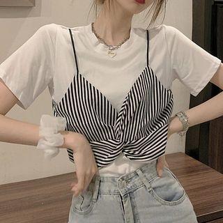 Inset Twist Striped Camisole Short-sleeve Top