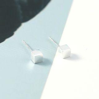 Brushed Cube Stud Earring 1 Pair - Light Blue & Silver - One Size