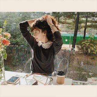Lace-collar Plain Top Charcoal Gray - One Size