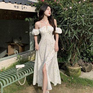 Puff-sleeve Off-shoulder Halter Neck Floral Slit Maxi A-line Dress