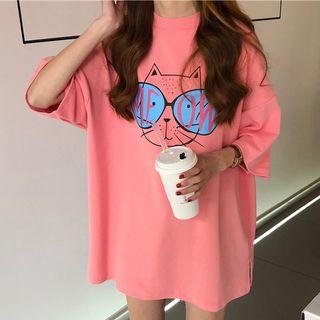 3/4-sleeve Cat Printed T-shirt