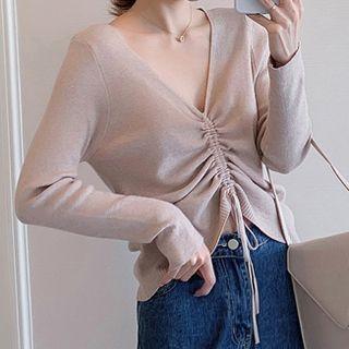 V-neck Drawstring Knit Top / Plaid Straight-leg Pants