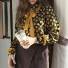 Bow Accent Flower Print Blouse As Shown In Figure - One Size