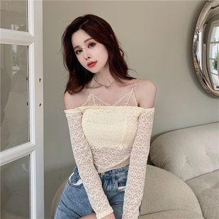 Cold-shoulder Mock Two-piece Lace Crop Top