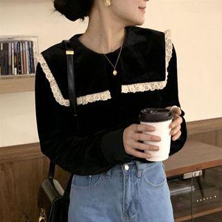Eyelet Trim Velvet Blouse Black - One Size