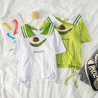 Avocado Printing Short-sleeve Collared Ruched Top