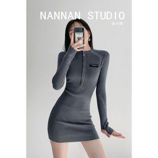 Half-zipper Knit Mini Dress