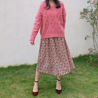 Retro Pink Cable-knit Sweater As Shown In Figure - One Size