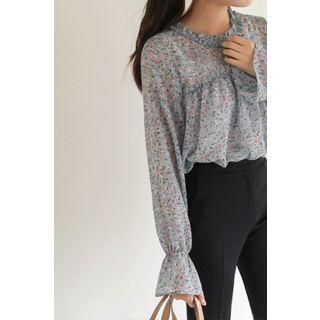 Ruffle-cuff Frilled Floral Chiffon Blouse