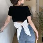 Short-sleeve Color Block Bow Accent Cropped T-shirt Black - One Size
