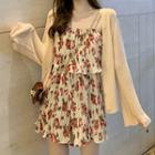 Spaghetti-strap Floral Pleated Playsuit / Plain Cardigan