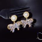 Faux Pearl Rhinestone Bow Dangle Earring 1 Pair - Gold - One Size