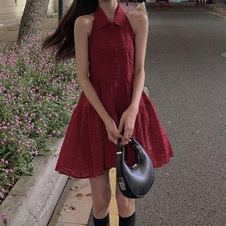 Sleeveless Halter Collar Mini A-line Dress Wine Red - One Size