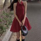 Sleeveless Halter Collar Mini A-line Dress Wine Red - One Size