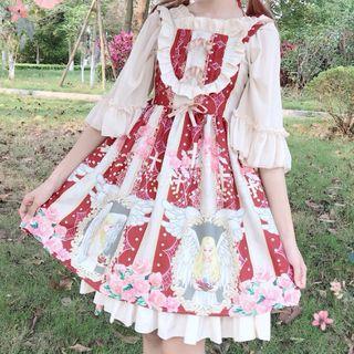 3/4-sleeve Frill Trim Chiffon Top / Sleeveless Frill Trim Printed A-line Dress