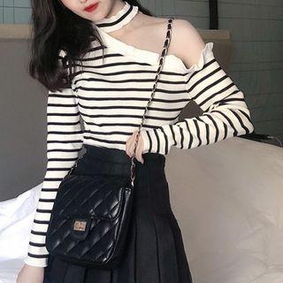 Asymmetric Shoulder Ruffle Striped Knit Top
