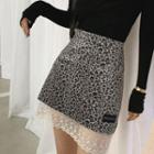 High Waist Lace Panel Leopard A-line Skirt