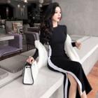 Long-sleeve Midi Sheath Dress Black & White - One Size