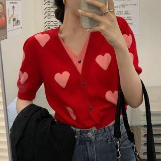 Heart Print Cardigan / Elbow-sleeve Cardigan