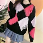 Argyle Sweater Argyle - Black & White & Dark Pink - One Size