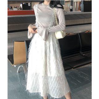 Set: Long-sleeve Top + Spaghetti Strap Lace Midi Skirt As Shown In Figure - One Size