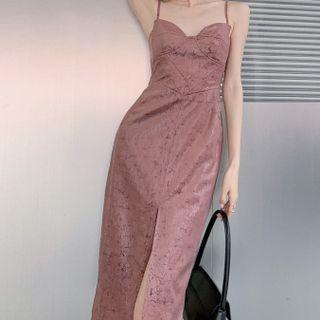 Spaghetti Strap Faux Leather Slit Dress