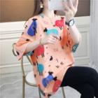 Elbow-sleeve Sheep Print T-shirt