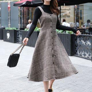 Set: Long-sleeve Top + Plaid Midi Overall Dress