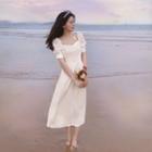 Puff-sleeve Butterfly Applique Midi A-line Dress