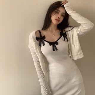 Spaghetti Strap Bow-accent Mini Dress White - One Size