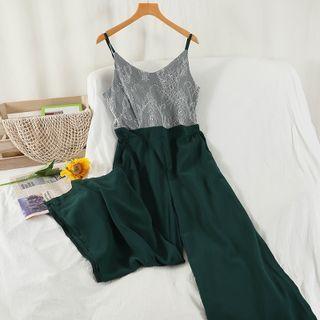 Spaghetti Strap Lace Panel Wide-leg Jumpsuit