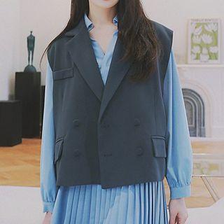 Set: Double-breasted Vest + Long-sleeve Pleated Panel Shirt Dress