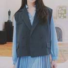 Set: Double-breasted Vest + Long-sleeve Pleated Panel Shirt Dress