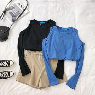Plain Crewneck Off-shoulder Long-sleeve Top
