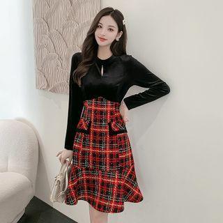 Long-sleeve Cutout Plaid Mermaid Dress