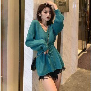Drawstring-waist V-neck Knit Top