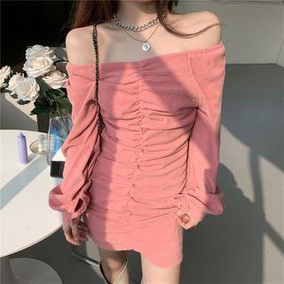 Plain Off-shoulder Ruched Dress