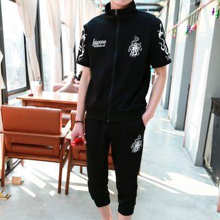 Set: Printed Short-sleeve Zip Jacket + Cropped Sweatpants