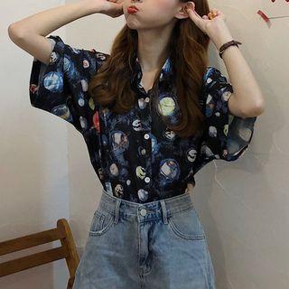 Elbow-sleeve Galaxy-print Oversized Shirt As Shown In Figure - One Size