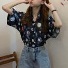 Elbow-sleeve Galaxy-print Oversized Shirt As Shown In Figure - One Size