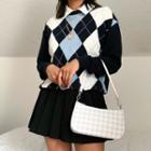 Long-sleeve Argyle Knit Top Blue - One Size