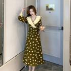 Long-sleeve Wide-collar Dotted Midi A-line Dress